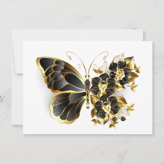 Save The Date Papillon fleur d'or avec orchidée noire (Devant)