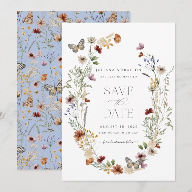 Save The Date Papillon fleur sauvage élégant Floral (Devant / Derrière)