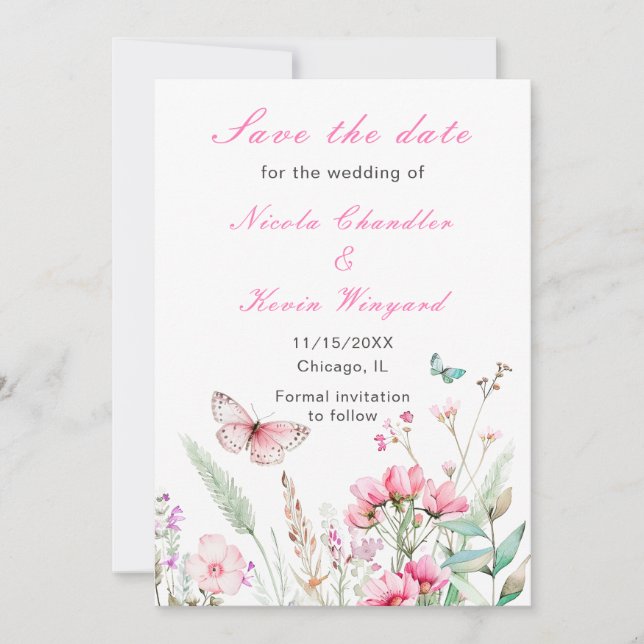 Save The Date Papillon Floral Mariage Rose de Printemps (Devant)