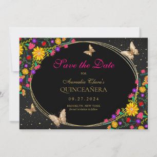 Save The Date Papillon Floral Noir Mexicain Quinceanera