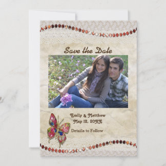 Save The Date Papillon Pailleté, Dentelle & Parchemin