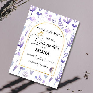 Save The Date Papillon Quinceañera en or violet de lavande