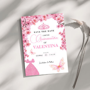 Save The Date Papillon rose floral Quinceañera aux fleurs de cer