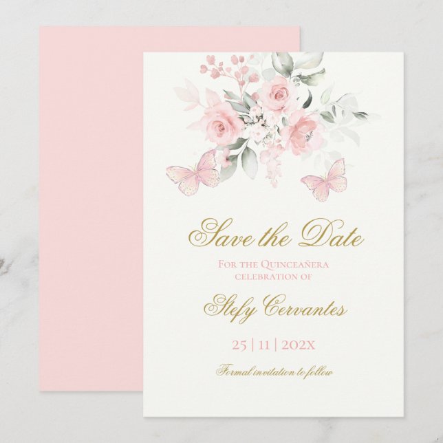 Save The Date Papillon rose Quinceañera (Devant / Derrière)