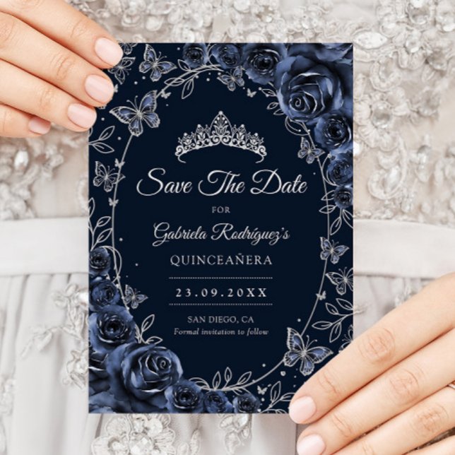 Save The Date Papillons argentés Navy Roses Quinceanera (Créateur téléchargé)