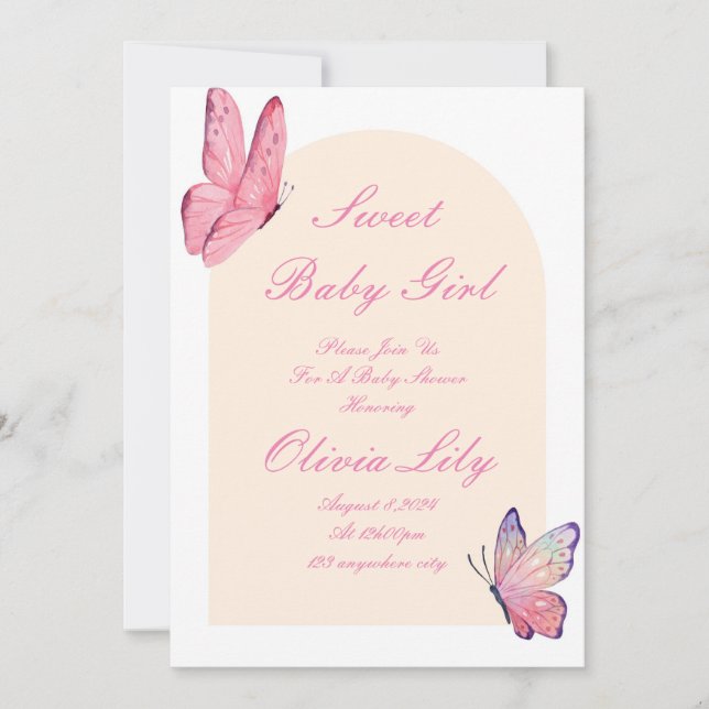 Save The Date papillons baby shower rose (Devant)