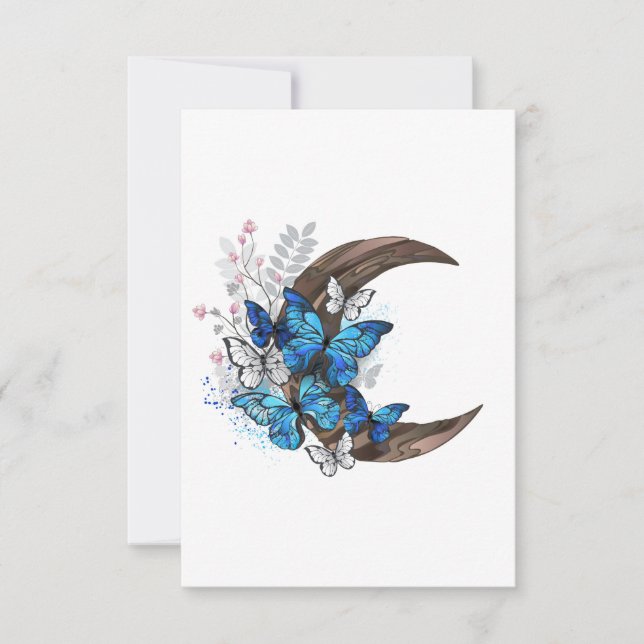 Save The Date Papillons bleus sur croissant en bois (Devant)