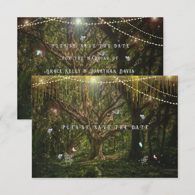 Save The Date Papillons de la forêt enchantée lumières dorées (Devant / Derrière)