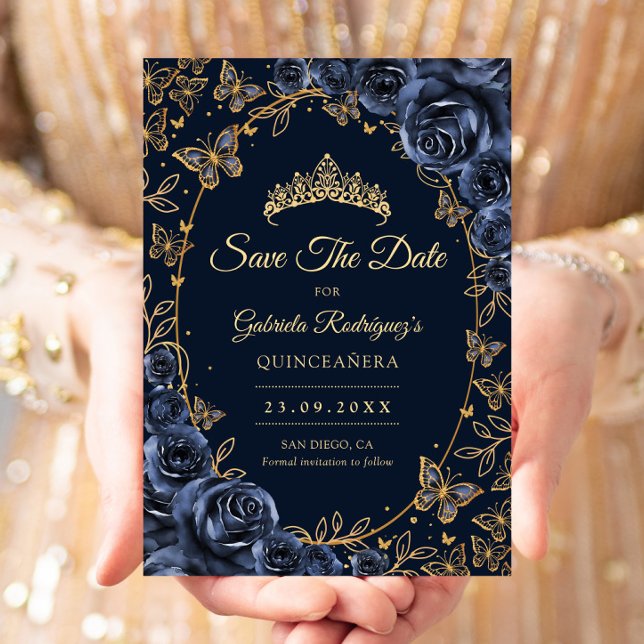 Save The Date Papillons dorés de la Marine Roses Quinceanera (Créateur téléchargé)
