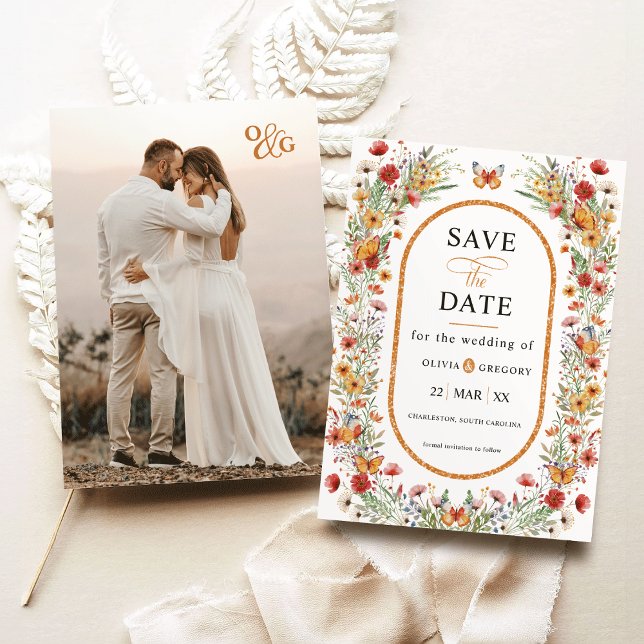 Save The Date Papillons Fleur sauvage Printemps Photo Enregistre (Boho Spring Watercolor Wildflowers Butterflies Monogram photo save the date invitation)