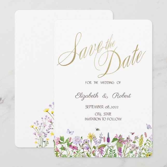 Save The Date Papillons Fleurs sauvages aquarelle (Devant / Derrière)