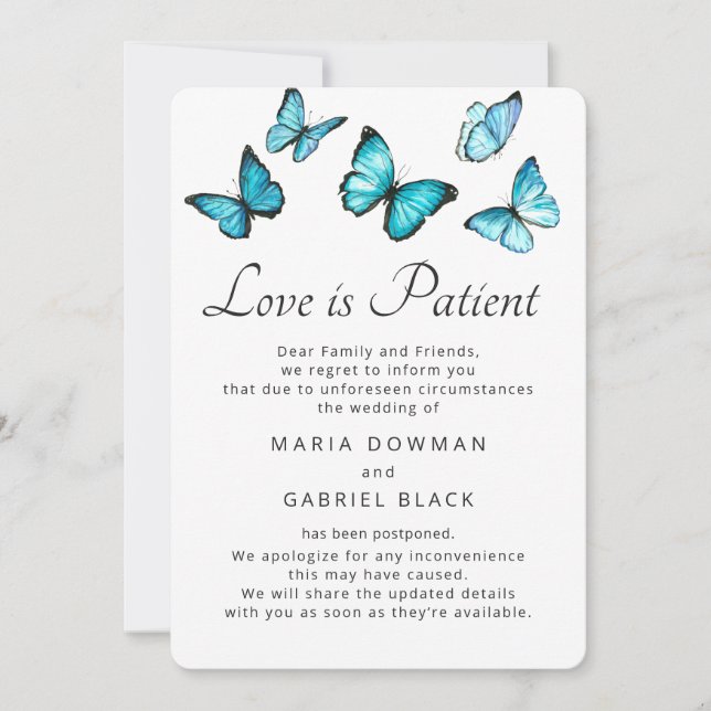 Save The Date Papillons Mariage Postponement L'amour est patient (Devant)