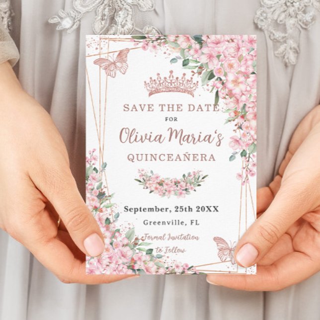 Save The Date Papillons Roses en fleurs de cerisier Quinceañera (Créateur téléchargé)