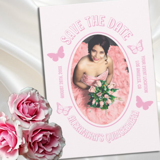 Save The Date Papillons roses Quinceanera (Créateur téléchargé)