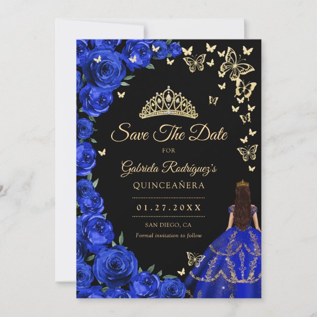 Save The Date Papillons Royal Blue Gold Rose Quinceanera (Devant)