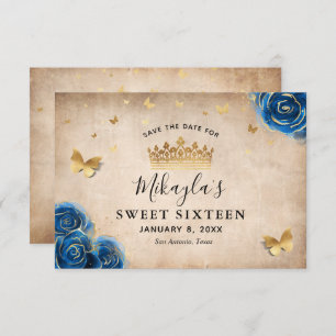 Save The Date Parchemin Royal Blue et Gold Rose Elegant