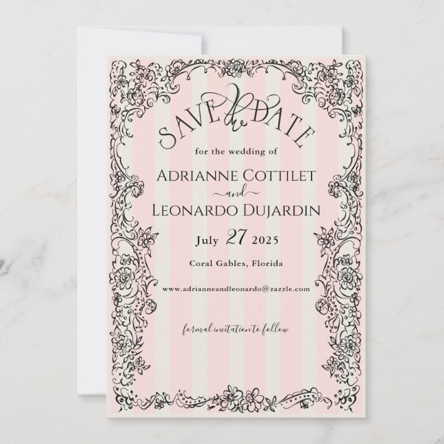 Save The Date Paris Chic Mariage à rayures roses (Devant)