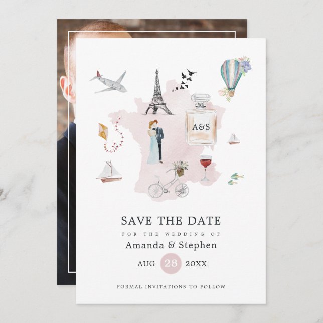 Save The Date Paris Destination Mariage Monogrammé Photo (Devant / Derrière)