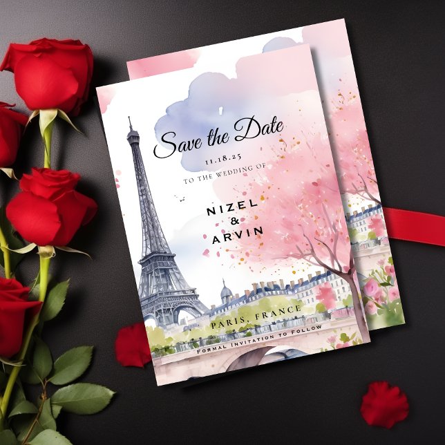 Save The Date Paris France Romantique Aquarelle Tour Eiffel Rose (Créateur téléchargé)