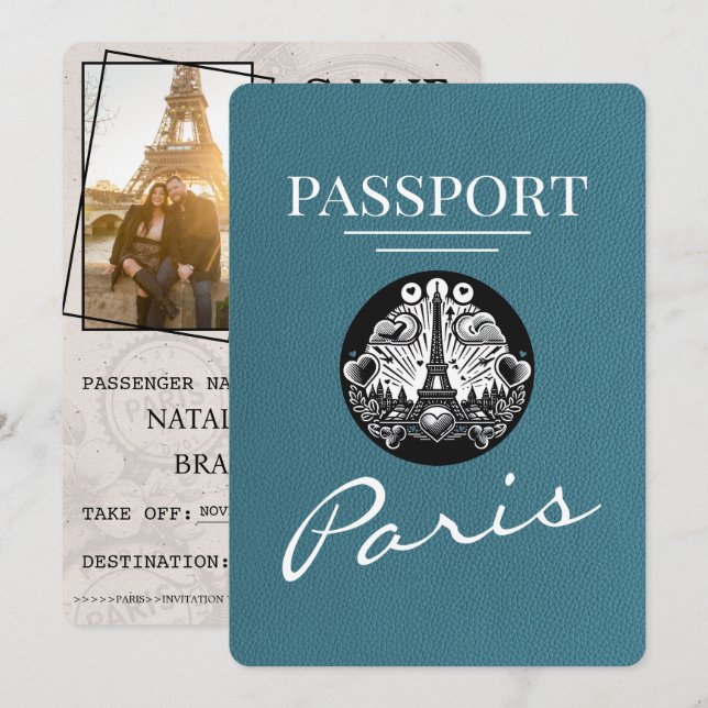 Save The Date Paris Passport turquoise Enregistrer La Date (Devant / Derrière)