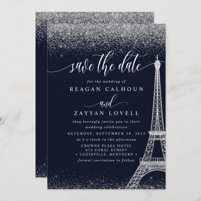 Save The Date Paris Tour Eiffel Marine Argent Économisez La Cart (Devant / Derrière)