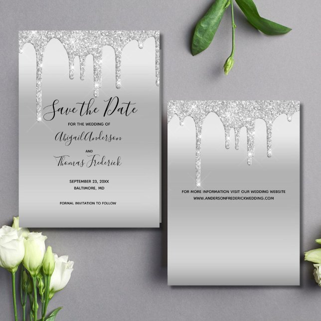 Save The Date Parties scintillant à goutte d'argent glam tendanc (Elegant Silver Dripping Glitter Wedding Save the date card)