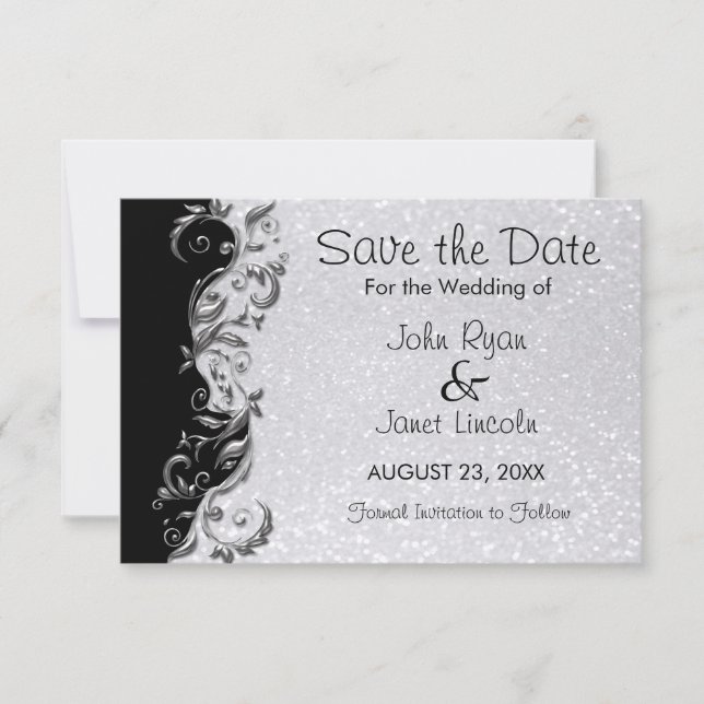 Save The Date Parties scintillant blanche, Mariage floral noir e (Devant)