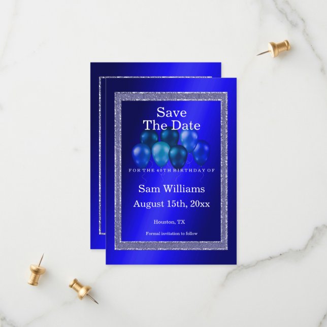 Save The Date Parties scintillant bleues et ballons d'anniversai (Devant/Arrière en situation)