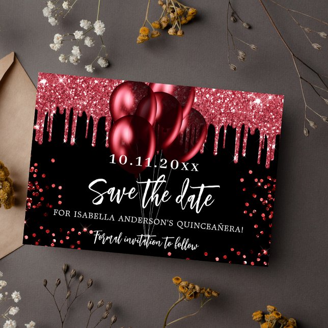 Save The Date Parties scintillant de ballons rouges noirs de Qui (Créateur téléchargé)