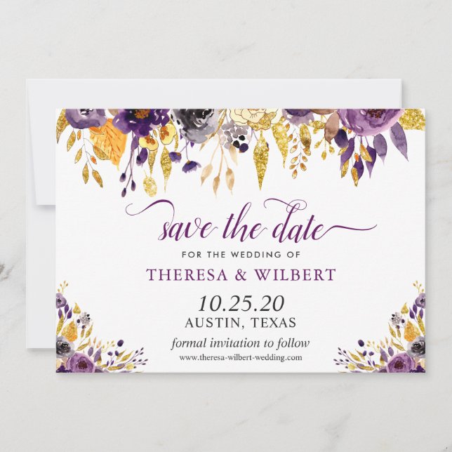 Save The Date Parties scintillant d'or Mariage floral violet Enr (Devant)