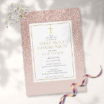 Save The Date Parties scintillant d'or rose Première communion s<br><div class="desc">Doté d'une élégante parties scintillant d'or rose ombre et d'un élégant crucifix d'or,  cette première communion sainte chic sauve la date invitation peut être personnalisée avec vos informations spéciales. Conçu par Thisisnotme©</div>