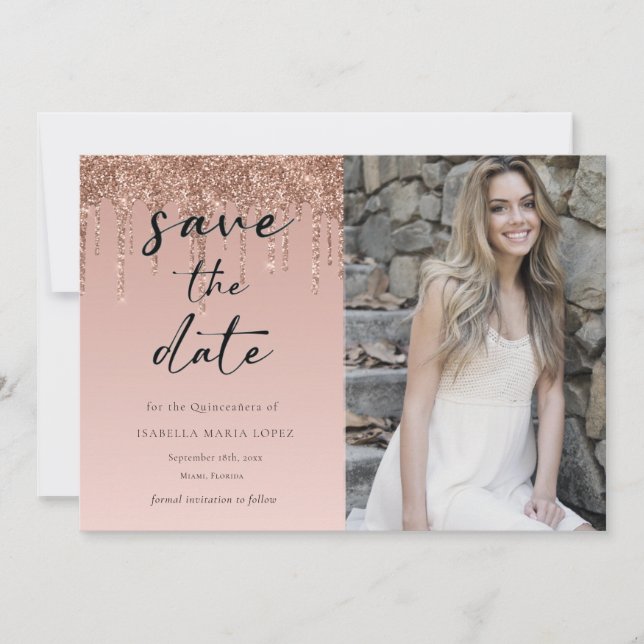 Save The Date Parties scintillant d'or rose Quinceanera Invitati (Devant)