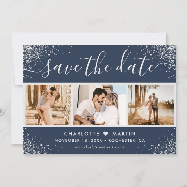 Save The Date Parties scintillant en argent bleu marine Confetti (Devant)