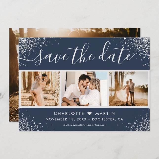 Save The Date Parties scintillant en argent bleu marine Confetti (Devant / Derrière)
