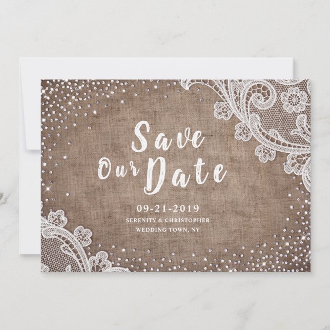 Save The Date Parties scintillant en argent en dentelle rustique (Devant)