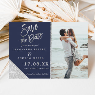 Save The Date Parties scintillant en argent photo bleu marine en