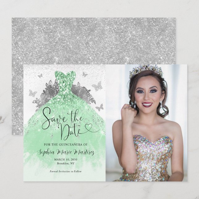 Save The Date Parties scintillant en argent vert Sage Robe Quinc (Devant / Derrière)