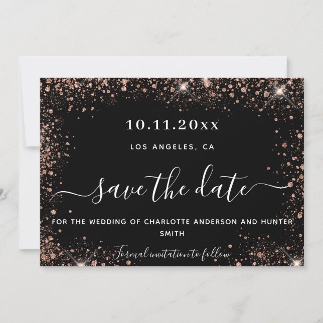 Save The Date parties scintillant en or rose noir mariage (Devant)