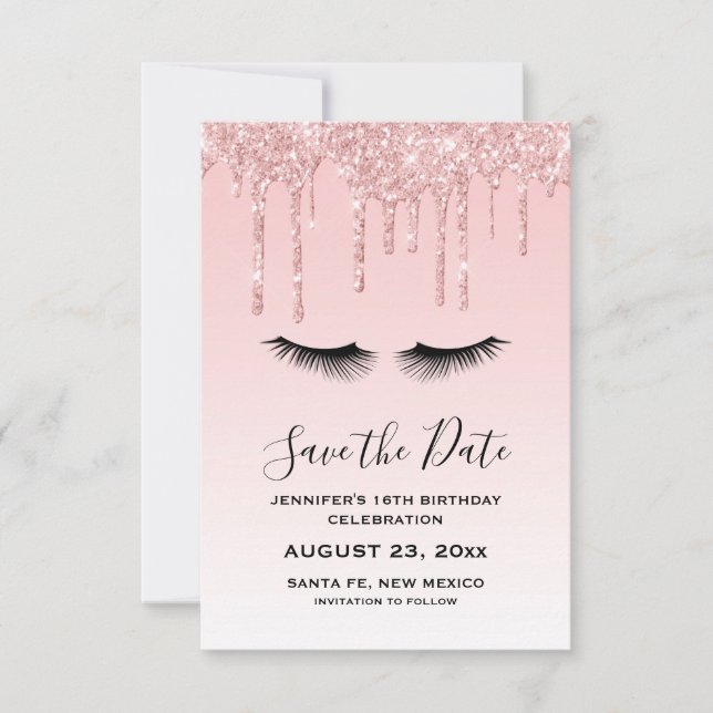 Save The Date Parties scintillant liquide rose moderne et cils A (Devant)