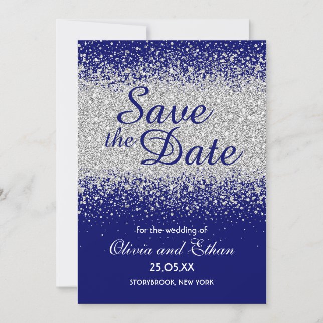 Save The Date Parties scintillant moderne en argent et Royal Blu (Devant)