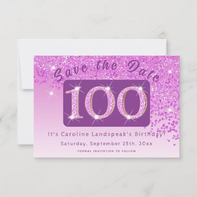 Save The Date Parties scintillant rose brillant pour 100e annive (Devant)