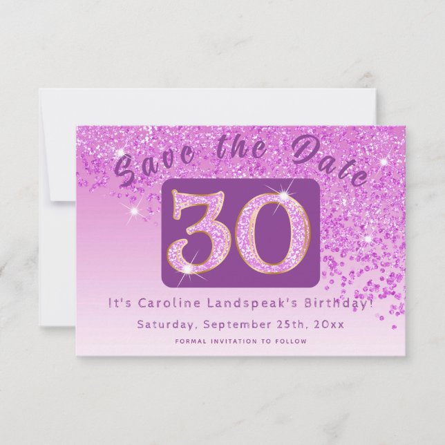 Save The Date Parties scintillant rose brillant pour 30e anniver (Devant)
