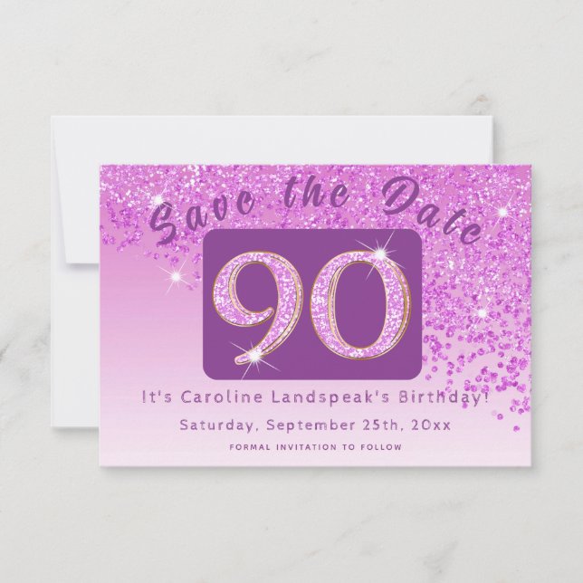 Save The Date Parties scintillant rose brillant pour 90e anniver (Devant)
