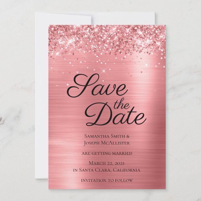 Save The Date Parties scintillant rose corail et Ombre Foil (Devant)
