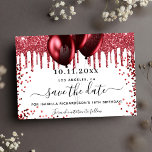 Save The Date Parties scintillant rouge blanc d'anniversaire gou<br><div class="desc">Un arrière - plan blanc chic décoré de faux parties scintillant rouges et de ballons. Personnalisez et ajoutez une date et un nom/âge. Le texte : Save the Date est écrit avec un grand script de style à la main tendance.</div>