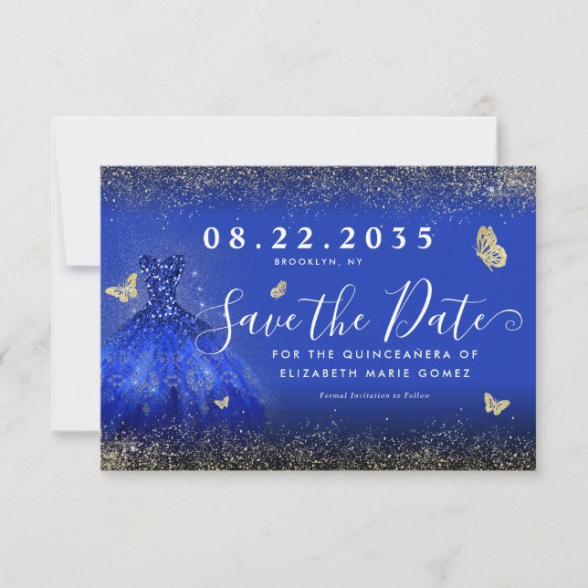 Save The Date Parties scintillant Royal Blue Gold Gown Quinceane (Devant)