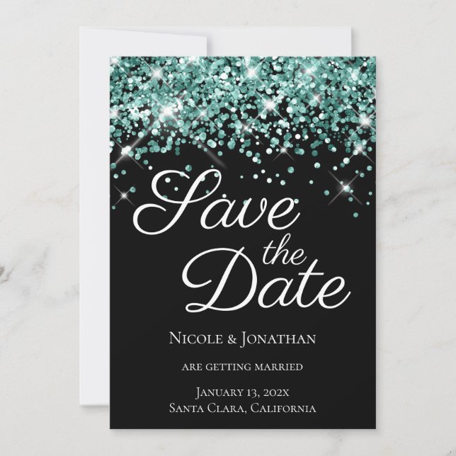 Save The Date Parties scintillant Turquoise éclatante Noire Élég (Devant)