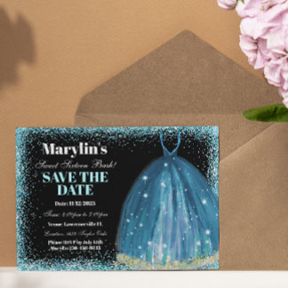 Save The Date Parties scintillant Turquoise Foil Ballgown Custom
