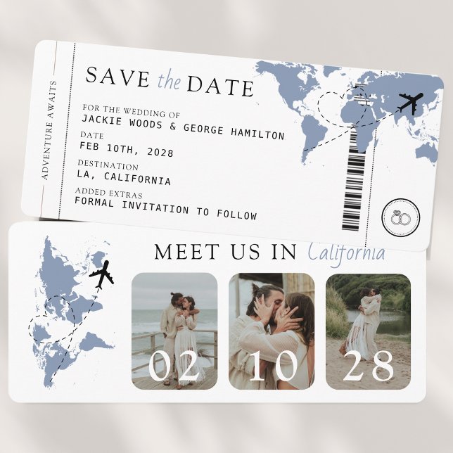 Save The Date Passe d'embarquement Dusty Blue 3 Photos Mariage (Boarding Pass 3 Photos Save the Date Dusty Blue)