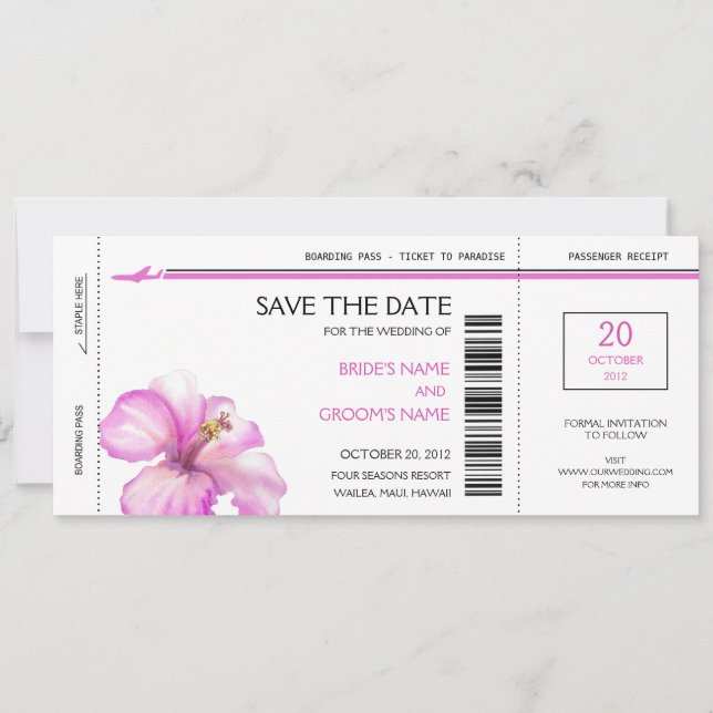 Save The Date Passe d'embarquement pour Hibiscus rose Enregistre (Devant)